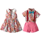 Brother and Sister Flower Pattern Outfit Twins Boy Overalls Suit and Girl Sleeveless Dress