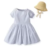 Brother and Sister Outfit Twins Boy Overalls Suit and Girl Dress with Hat