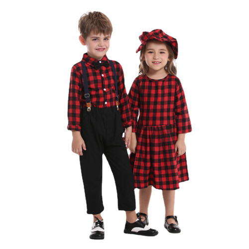 Brother and Sister Outfit Twins Boy Long Sleeve Set and Girl Long Sleeve Dress with Hat