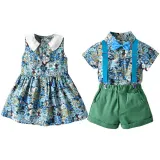 Brother and Sister Flower Pattern Outfit Twins Boy Overalls Suit and Girl Sleeveless Dress