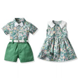 Brother and Sister Flower Pattern Outfit Twins Boy Shirts Suspender Shorts and Girl Dress
