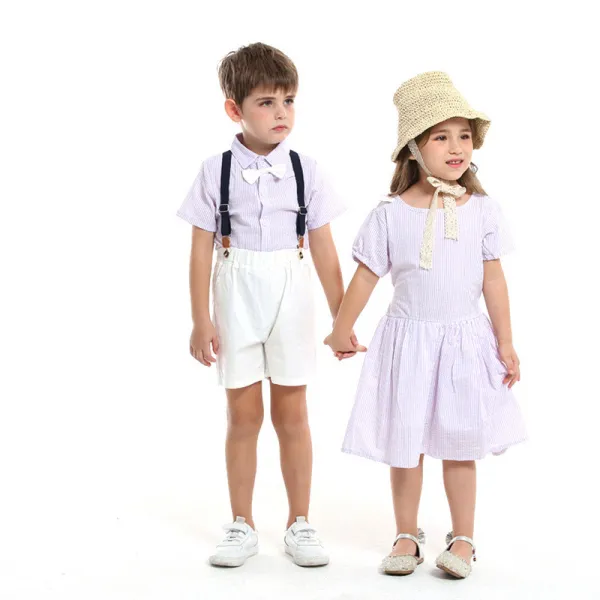 Brother and Sister Outfit Twins Boy Overalls Suit and Girl Dress with Hat