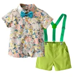 Brother and Sister Flower Pattern Outfit Twins Boy Overalls Suit and Girl Sleeveless Dress