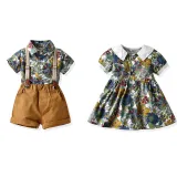 Brother and Sister Flower Outfit Twins Boy Short Set and Girl Dress