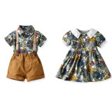Brother and Sister Flower Outfit Twins Boy Short Set and Girl Dress