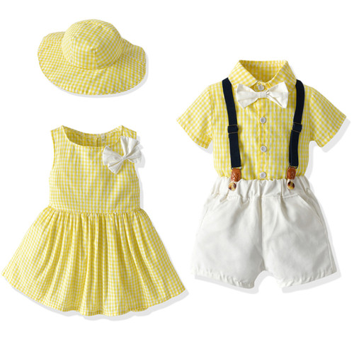 Brother and Sister Outfit Twins Baby Boy Bib Shorts and Girl Dress