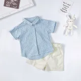 Brother and Sister Outfit with Girl Blue Striped Dress and Boy Striped Set