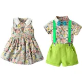 Brother and Sister Flower Pattern Outfit Twins Boy Overalls Suit and Girl Sleeveless Dress