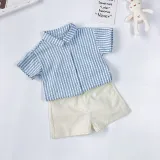 Brother and Sister Outfit with Girl Blue Striped Dress and Boy Striped Set