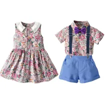 Brother and Sister Flower Pattern Outfit Twins Boy Overalls Suit and Girl Sleeveless Dress