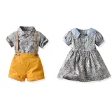 Brother and Sister Flower Outfit Twins Boy Short Set and Girl Dress