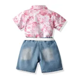 Brother and Sister Flower Pattern Outfit Twins Boy Pink Shorts Set and Girl Dress