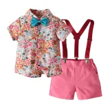 Brother and Sister Flower Pattern Outfit Twins Boy Overalls Suit and Girl Sleeveless Dress