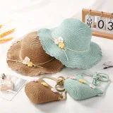 Kids Flower Straw Beach Wide Brim Sunhat With Bag Set