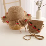 Kids Anti-UV Wide Brim Cherry Pattern Outdoor Beach Sunhat with Bag Set