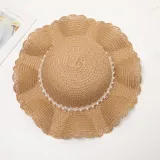 Kids Anti-UV Pearl Lace Outdoor Beach Straw Sunhat with Bag Set
