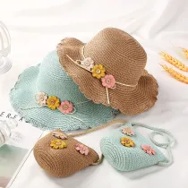 Kids Sunflower Wide Brim Straw Beach Sunhat With Bag Set