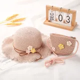 Kids Flower Straw Beach Wide Brim Sunhat With Bag Set