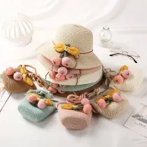 Kids Bow Tie Pompoms Straw Wide Brim Beach Sunhat With Bag Set