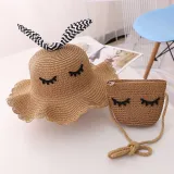 Kids Cartoon Bow Tie with Eyes Wide Brim Straw Beach Sunhat With Bag Set