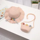 Kids Cartoon Wide Brim Straw Beach Sunhat With Bag Set