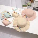 Kids Cartoon Wide Brim Straw Beach Sunhat With Bag Set