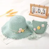 Kids Flower Straw Beach Wide Brim Sunhat With Bag Set