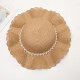 Kids Anti-UV Pearl Lace Outdoor Beach Straw Sunhat with Bag Set