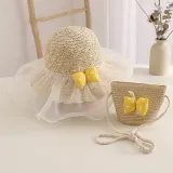 Kids Anti-UV Cute Wide Brim Lace Bow Outdoor Beach Sunhat with Bucket Bag Set