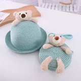 Kids Cute Bear Anti-UV Outdoor Beach Straw Sunhat with Bag Set