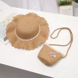 Kids Anti-UV Pearl Lace Outdoor Beach Straw Sunhat with Bag Set