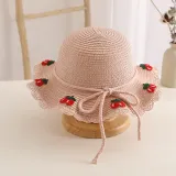 Kids Anti-UV Wide Brim Cherry Pattern Outdoor Beach Sunhat with Bag Set
