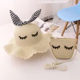 Kids Cartoon Bow Tie with Eyes Wide Brim Straw Beach Sunhat With Bag Set