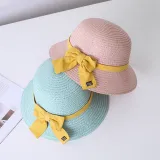 Mommy and Me Anti-UV Pure Color Outdoor Beach Straw Sunhat with Bag Set