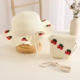 Kids Anti-UV Wide Brim Cherry Pattern Outdoor Beach Sunhat with Bag Set