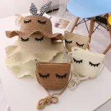 Kids Cartoon Bow Tie with Eyes Wide Brim Straw Beach Sunhat With Bag Set