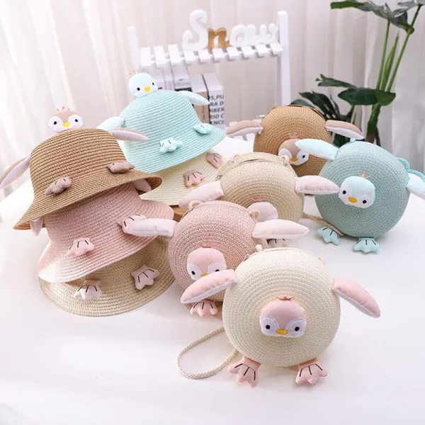 Kids Cartoon Penguin Anti-UV Wide Brim Outdoor Beach Sunhat with Bag Set
