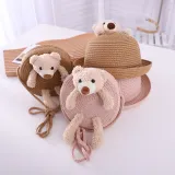 Kids Cute Bear Anti-UV Outdoor Beach Straw Sunhat with Bag Set