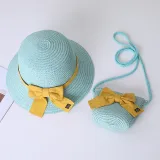 Mommy and Me Anti-UV Pure Color Outdoor Beach Straw Sunhat with Bag Set