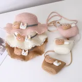 Mommy and Me Anti-UV Cartoon Bear Outdoor Beach Straw Sunhat with Bag Set