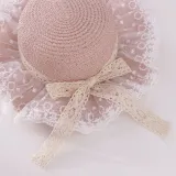 Kids Lace Bow Wide Brim Straw Beach Sunhat With Bucket Bag Set