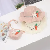 Kids Anti-UV Rabbit and Carrot Outdoor Beach Straw Sunhat with Bag Set