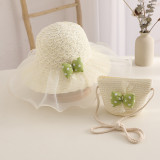 Kids Anti-UV Cute Wide Brim Lace Bow Outdoor Beach Sunhat with Bucket Bag Set