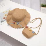 Kids Cartoon Wide Brim Straw Beach Sunhat With Bag Set