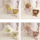 Kids Anti-UV Cute Wide Brim Lace Bow Outdoor Beach Sunhat with Bucket Bag Set