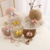 Kids Anti-UV Cute Wide Brim Lace Bow Outdoor Beach Sunhat with Bucket Bag Set