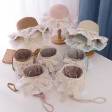 Kids Lace Bow Wide Brim Straw Beach Sunhat With Bucket Bag Set