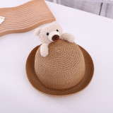 Kids Cute Bear Anti-UV Outdoor Beach Straw Sunhat with Bag Set