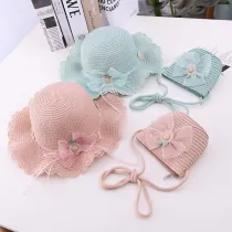 Kids Anti-UV Wide Brim Lace Bow Flower Outdoor Beach Sunhat with Bucket Bag Set