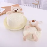 Kids Cute Bear Anti-UV Outdoor Beach Straw Sunhat with Bag Set